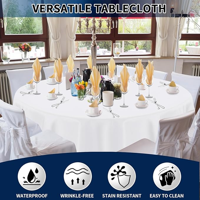 PureFit 6 Pack Round White Table Cloths 70 Inch for Round Tables, Stain and Wrinkle Resistant Table Linens for Home Use, Wedding, Party, Banquet and Camping