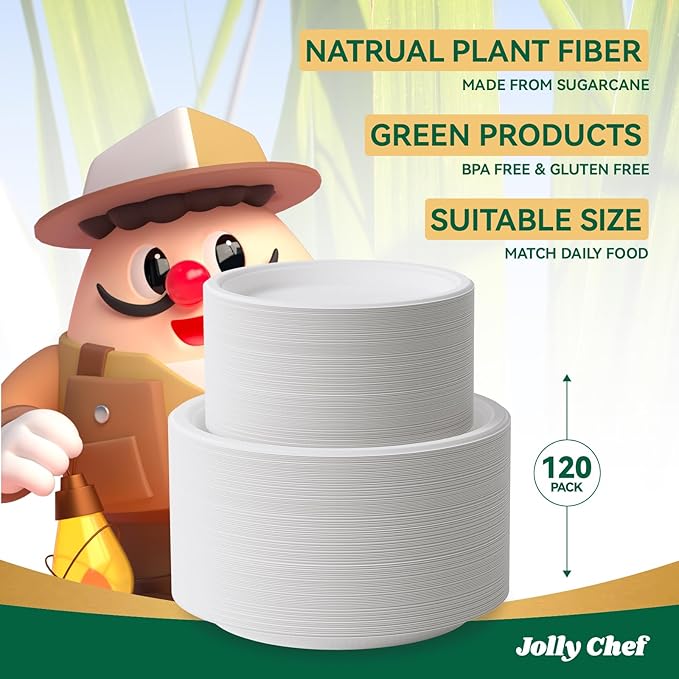 JOLLY CHEF Compostable Heavy Duty Plates 𝟳 𝗶𝗻𝗰𝗵 𝗮𝗻𝗱 𝟵 𝗶𝗻𝗰𝗵 [𝟭𝟮𝟬 𝗣𝗮𝗰𝗸] Eco-Friendly Disposable Paper Plates Bagasse Biodegradable Sugarcane for Party Hot Coold Food Christmas(White)