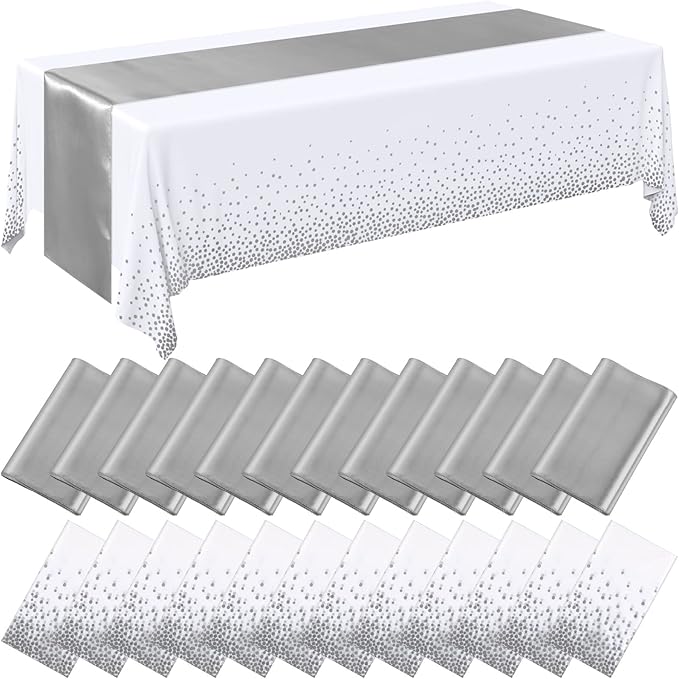 Breling 24 Packs White and Silver Disposable Plastic Tablecloths and Satin Table Runner Set, 54 x 108 Inch Tablecloth, 12 x 108 Inch Table Runners for Wedding Graduation Birthday Baby Shower