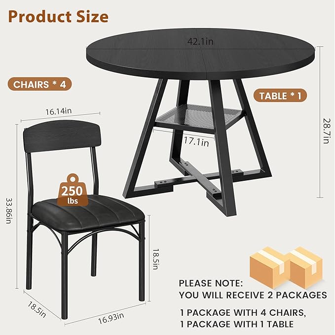 Round Dining Table Set for 4, Kitchen Table and Chairs for 4, Circle Table Round Pedestal Dining Room Dinner Dinette Table Set,5 Piece Space Saving Wood Kitchen & Dining Room Tables (Black, 42In)
