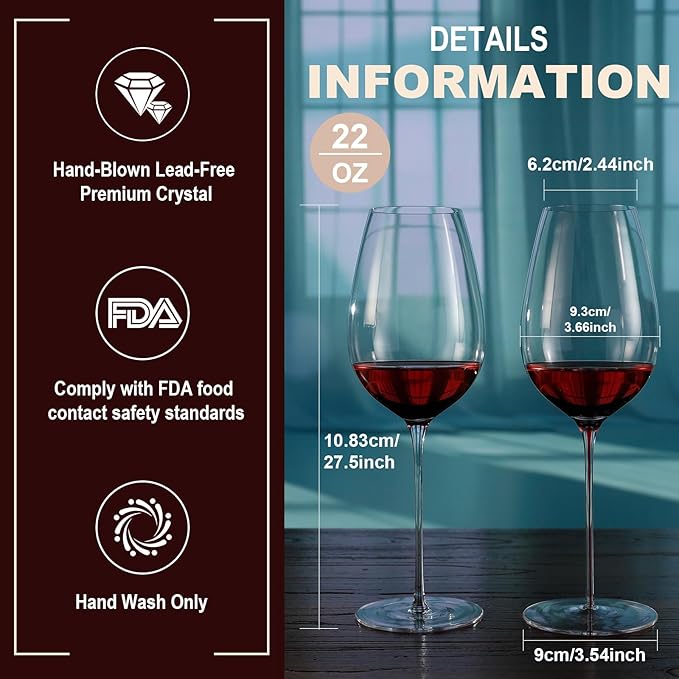Red Wine Glasses Set of 4, 22oz, Hand Blown Premium Crystal Wine Glasses, red Stem,Thin Rim, Perfect for Red or White, Daily Use,Unique Wedding Anniversary or Birthday Gift