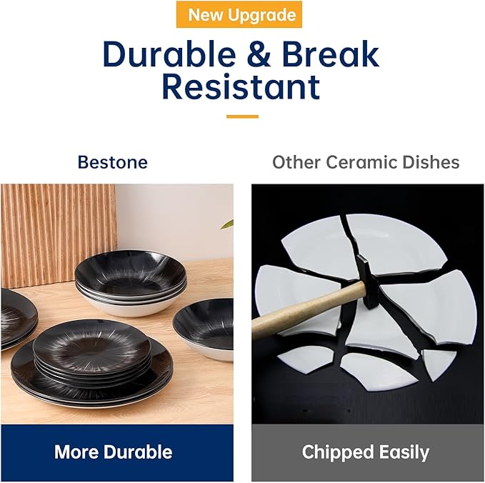 Bestone 12-Piece Round Porcelain Dinnerware Set, Service for 4, Chip Resistant Plates and Bowls, Starburst Turquoise Black, Dishwasher & Microwave Safe for Home Daily Use