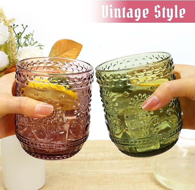 Topsky Vintage Drinking Glass Set of 6,12 oz Embossed Floral Decorative Glassware Set,Glass Cups Wine Glasses Beverages Tumblers Colored Glassware for Whisky,Beer,Juice,Cocktail,Heavy Duty