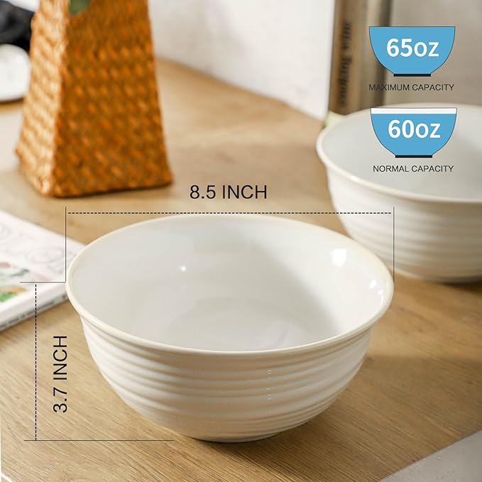 Serving Bowls Set of 2, 60 Ounce Ceramic Large Bowls, Deep Kitchen Bowls for Salad Soup Ramen Pasta Cereal Fruit, Microwave Oven Dishwasher Safe, Ideal for Home Dining & Gifting, Arctic white