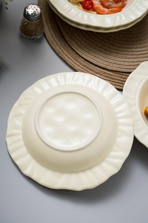 Ceramic Soup Bowls 8.6 in, Pasta Bowls & Plates, Cream color Floral-Embossed Wide Rim Shallow Bowls Set of 4, Italian Carving Design, Matte Finish Porcelain, Microwave & Dishwasher Safe