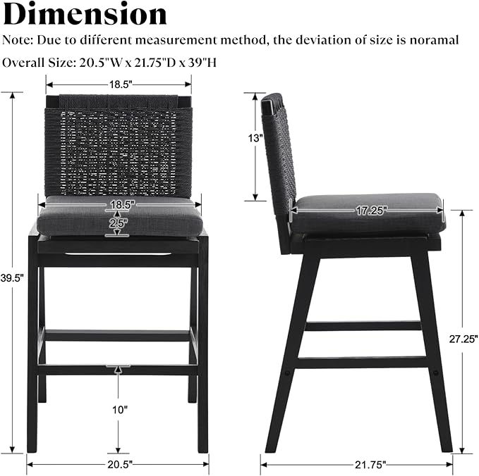 Carbon Black Bar Stools Set of 2, 27.3 Inch Counter Height Stools Upholstered Linen Armless Bar Chairs with Woven Rope Backrest Wooden Legs for Kitchen Island Dining Room