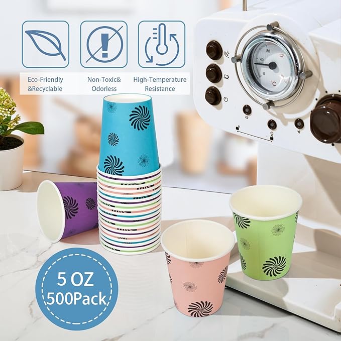 500 Pack 5oz Disposable Paper Cups, Colorful, Small Mouthwash, Mini for Party, Picnics, Barbecues, Travel, Wave Point