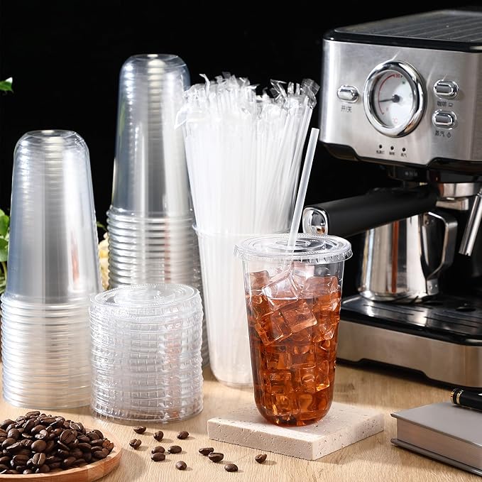 50 Sets Clear Plastic Cups with Lids and Straws, Disposable Iced Coffee Cups Drinking PET for Cold Drinks, Juice, Smoothie, Coffee Shops, Party, Christmas(Clear,18 oz)