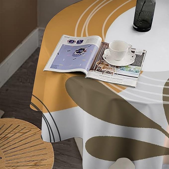 Boho Mid Century Round Tablecloth, Bohemian Abstract Modern Leaves Tablecloth for Home Party Dining Room Kitchen Decor 60Inch(152cm)