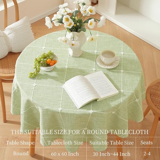 Zobesta Linen 60 Inch Round Tablecloth Green, Cotton Green Linen Table Cloth Plaid Farmhouse Soft Boho Tablecloth for Outdoor, Party, Holiday, Picnic, Dining