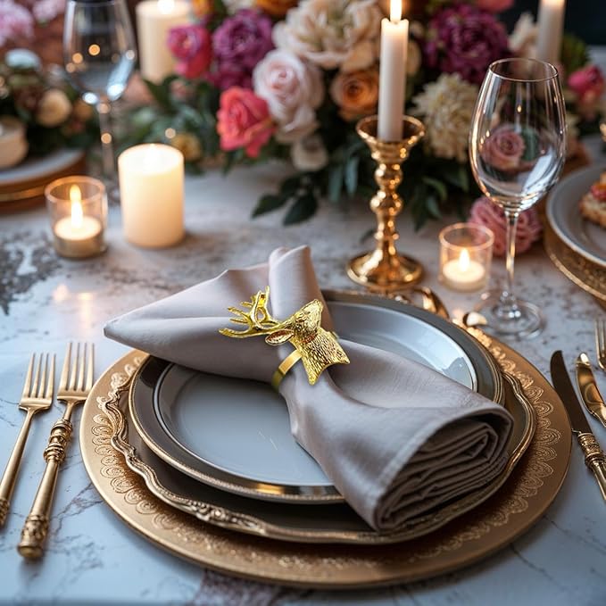 Decozen Set of 16 Gold Napkin Rings in Stag Design, Festive, Table Decor Setting for Holiday, Wedding, Birthday, Kitchen, Home Decor, Housewarming Gift - Thanksgiving & Christmas Gift Decoration