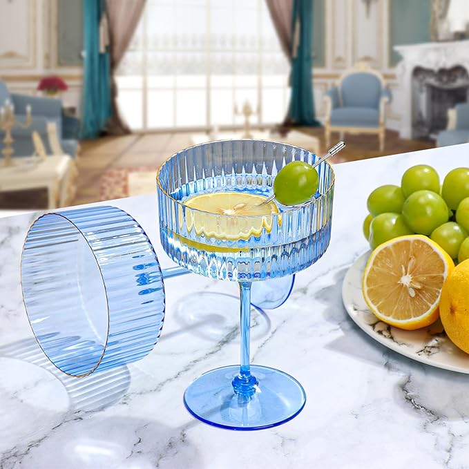 XUWAIDSGN 12 Pcs Champagne Martini Glasses 9 Oz with Gilded Removable Gold Rim Coupe Glasses Pink Martini Glasses Plastic Mimosa Vintage Coupe Glasses Set For Wedding Anniversary (12, Clear Blue)