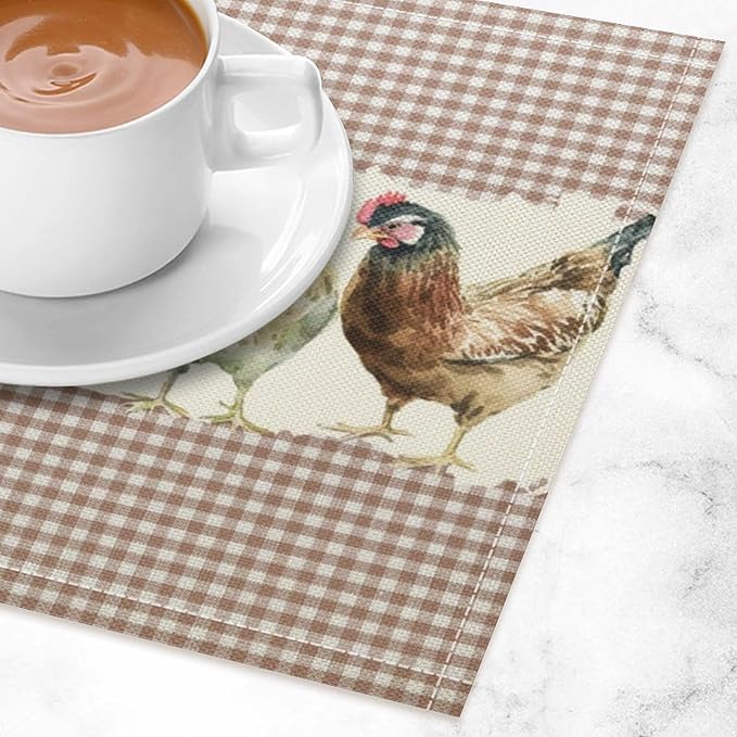 Rustic Rooster Placemat Set, Vintage Boho Farmhouse Colorful Watertcolor Chicken Pink Plaid Pattern Home Decor Table Mats for Dining Room Kitchen Party (17x12in) x6P
