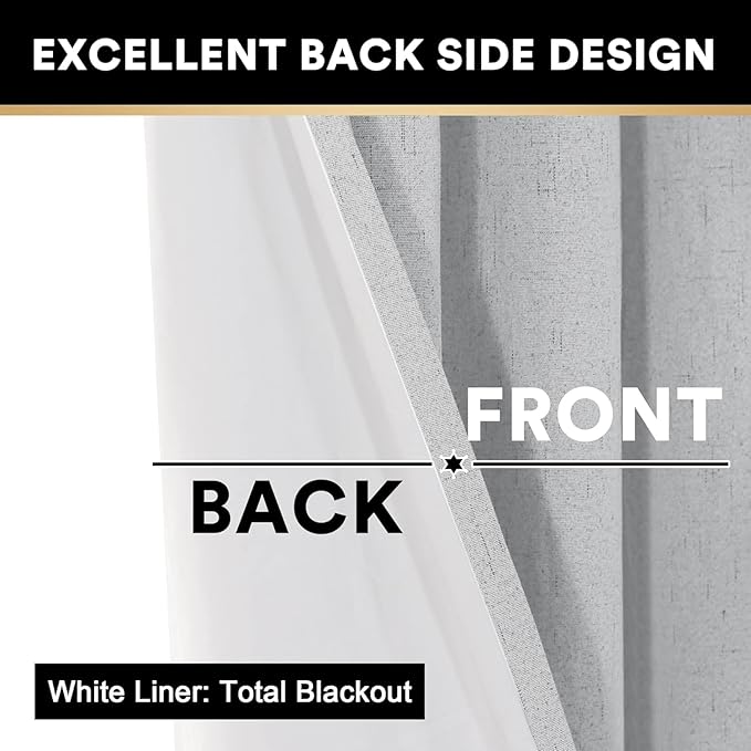 PrinceDeco Linen Texture Curtains Full Blackout Curtains 102 inch Long 2 Panels Set Anti-Rust Grommet Grey Linen Curtains Vertical Drapes Privacy for Bedroom Living Room，52 X 102 Inch, Glacier Grey