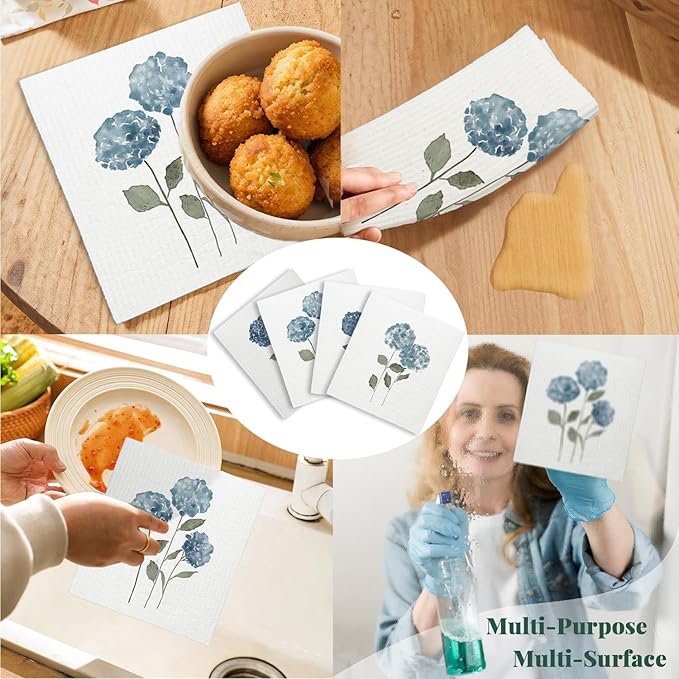 Spring Floral Swedish Dishcloths for Kitchen, Swedish Dish Cleaning Cloths for Flowers, Papaya Reusable Paper Towels, 4 Pack Dish Towels for Kitchen, Reusable Paper Dishcloths Washable