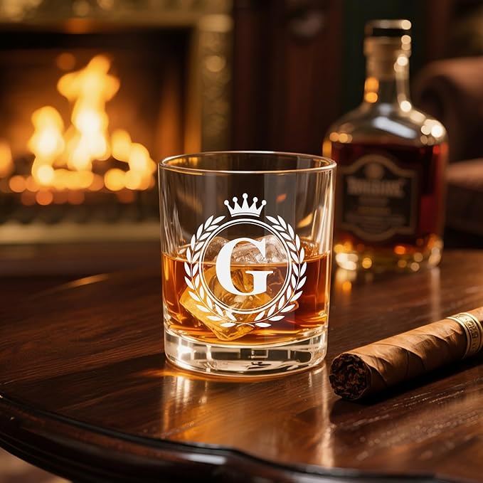 Whiskey Glasses - Rocks Old Fashioned Glass Gifts for Men, Monogrammed A-Z 10oz Personalized Whisky Glasses, Christmas Birthday Gifts for Men Him Dad Father Husband Brother Son (G)