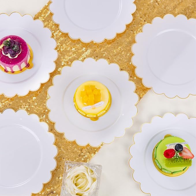 LIYH 100 Pcs Gold White Dessert Plates - 7.5" Disposable Fancy Cake Plates - White with Gold Rim Premium Hard Appetizer Cake Plastic Wedding Plate for Party,Bridal Shower,Birthday,Valentine's Day