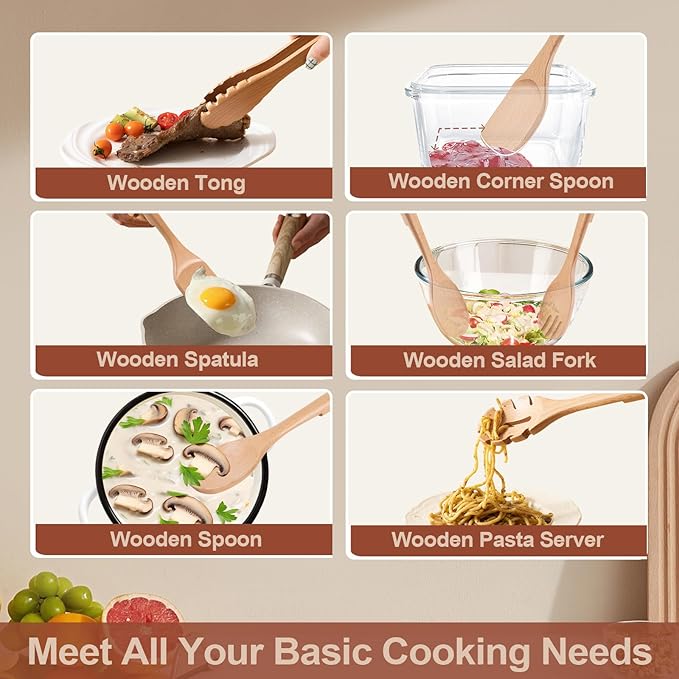 Wooden Cooking Utensils, 6 Pieces Natural Beech Wooden Spoons For Cooking with Unique Notch & Heat Resistant Design, Non-Stick Wood Kitchen Utensil Set with Hanging Hole for Kitchen Essentials