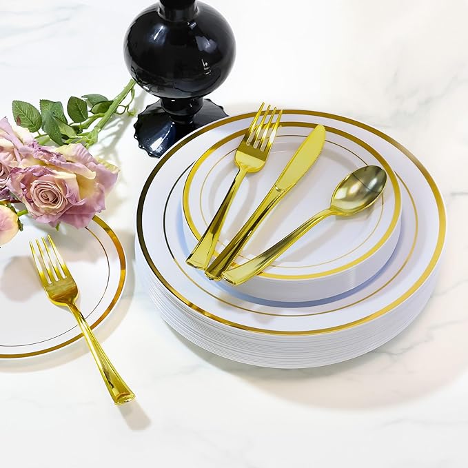 100 PCS Gold Plastic Plates, White and Gold Plastic Plates Include 50 Dinner Plate and 50 Dessert Plate Perfect for Holiday, Party & Wedding