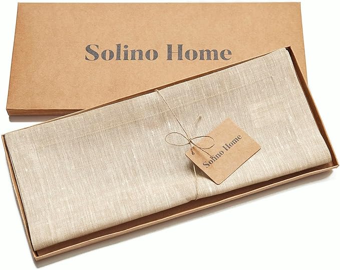 Solino Home Linen Short Table Runner 48 Inches - Athena, 100% Pure Linen Champagne Beige Table Runner 14 x 48 Inch Ideal for Dresser and Coffee Tables - Spring, Easter