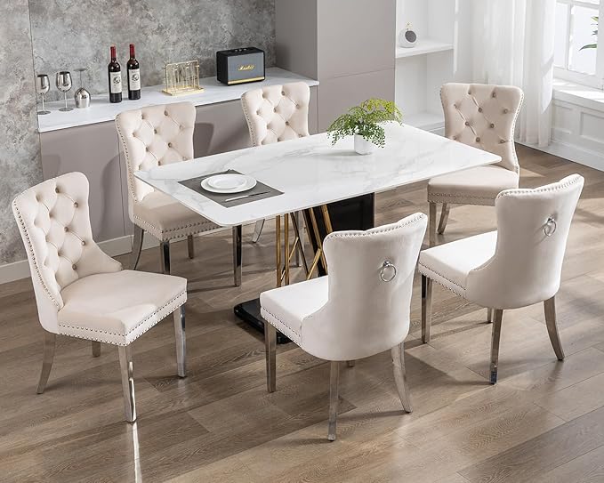 KCC Velvet Dining Chairs Set of 2, Upholstered High-end Tufted Dining Room Chair with Nailhead Back Ring Pull Trim Stainless Steel Legs, Contemporary Nikki Collection Modern Style for Kitchen, Beige