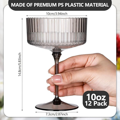 12 Pcs Ribbed Martini Glasses 10 oz Disposable Plastic Vintage Ribbed Coupe Glasses Unbreakable Dessert Parfait Glassware for Wedding Birthday Party Supplies (Black)