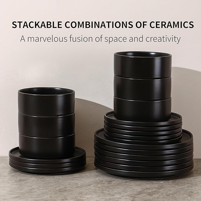 GZG Classic Series - Plates and Bowls Set for 6, 18 Piece Stoneware Dinnerware Sets, Microwave and Dishwasher Safe Lead-Free Handcrafted Ceramic Dishes Set - Matte Black