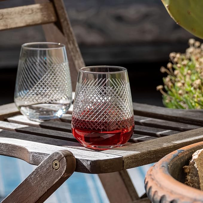 Rolf Glass Bourbon Street Stemless Wine Glass | Set of 2 | 15.75 Ounce Stemless Tumblers | Lead-Free Glass | Diamond-Wheel Engraved and Polished Glassware | Modern Luxury Glassware