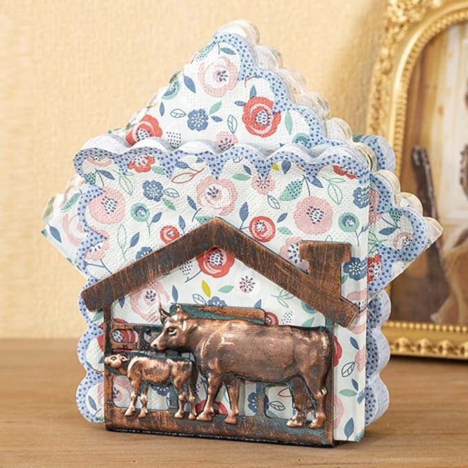 Metal Napkin Holder for Table, Heavy Dudty Rustic Farmhouse Cow & Calf Napkin Holder for Table Napkins, Vintage Metal Tissue Napkin Dispenser, Napkin Table Decor for Kitchen Coffee Shop Bar