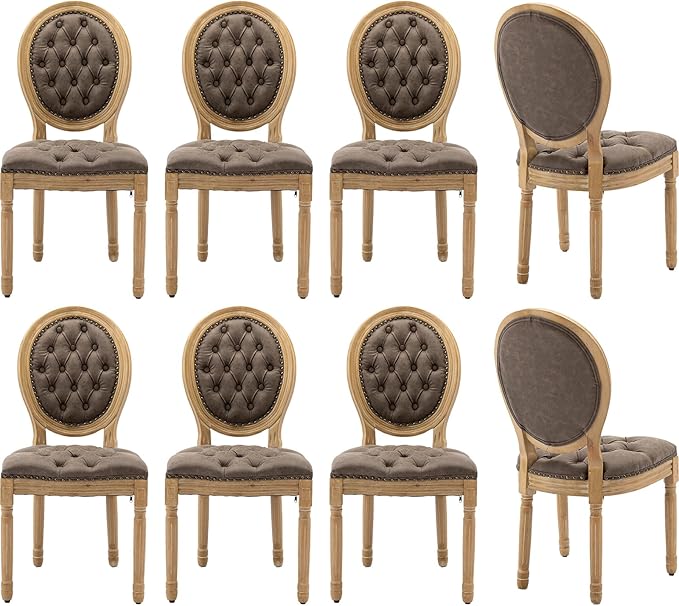 Vintage French Dining Chairs Set of 8, Round Back PU Leather Upholstered Accent Chairs with Nailhead Trim and Solid Wood Frame, Farmhouse Sillas de Comedor for Dining Room & Kitchen, Distressed Brown