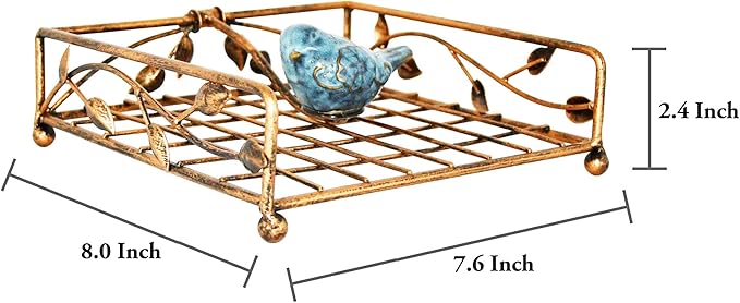 OwlGift Collection Bronze Coated Metal Flat Napkin Holder Dispensing Stand w/Ceramic Bird, Kitchen and Countertop Flat Napkin Storage Organizer