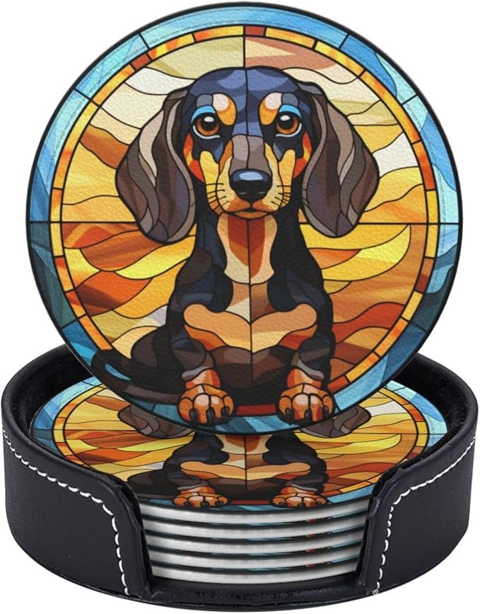 Drink Coaster Set of 6, Dachshund Dog Mom Lover Gift,Leather Drink Coasters with Holder,6 Pack Cup/Bar/Drink Coasters for Table/Drinks/Coffee Protection Housewarming Gift