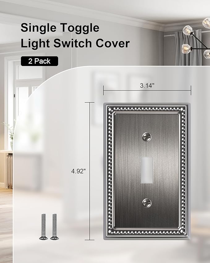 2-Pack Single Toggle Light Switch Cover Plate, Pearls Decorative Switch Plate Covers, Silver 1 Gang Metal Wall Plate, Corrosion Resistant