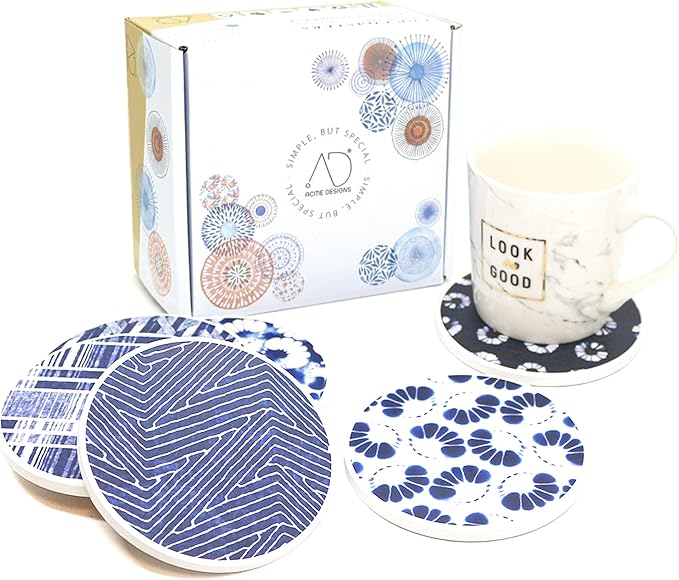 AD Set of 6 Coasters for Drinks Absorbing Round Ceramic Stone Coaster with Cork Base,Tabletop Protection Mat for Mugs and Cups,Office,Kitchen (Shibori with Holder)