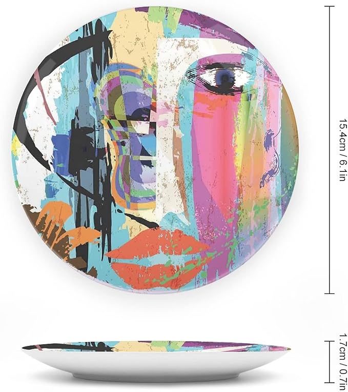 Ceramic Plates, Abstract Decorative Ceramic Plates, Woman Face Art Paint Strokes and Splashes Eye Red Lips Grungy, 10 Inch, Household Plates Decorative, Multicolor