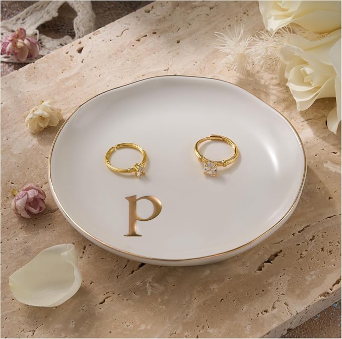 Lolalet Handmade Ceramic Ring Dish Jewelry Tray Plate with Initial, Small Monogram Gift for Her Women Girls Mother, Hostess, Engagement, Bridal Shower, Maid of Honor, Bridesmaid, Birthday, Christmas