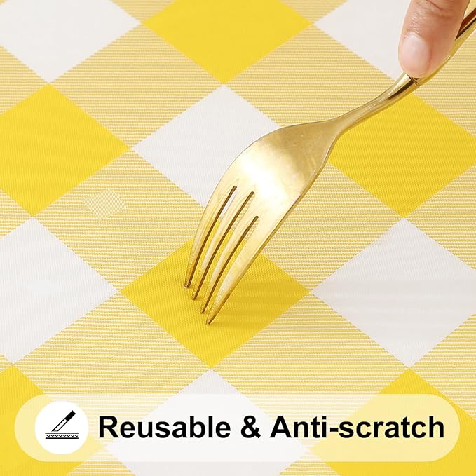 Smiry Rectangle Picnic Table Cloth, Elastic Waterproof Fitted Vinyl Tablecloths, Flannel Backed Buffalo Plaid Table Covers for Dining, Camping, Outdoor (White and Yellow, 36" x 72")
