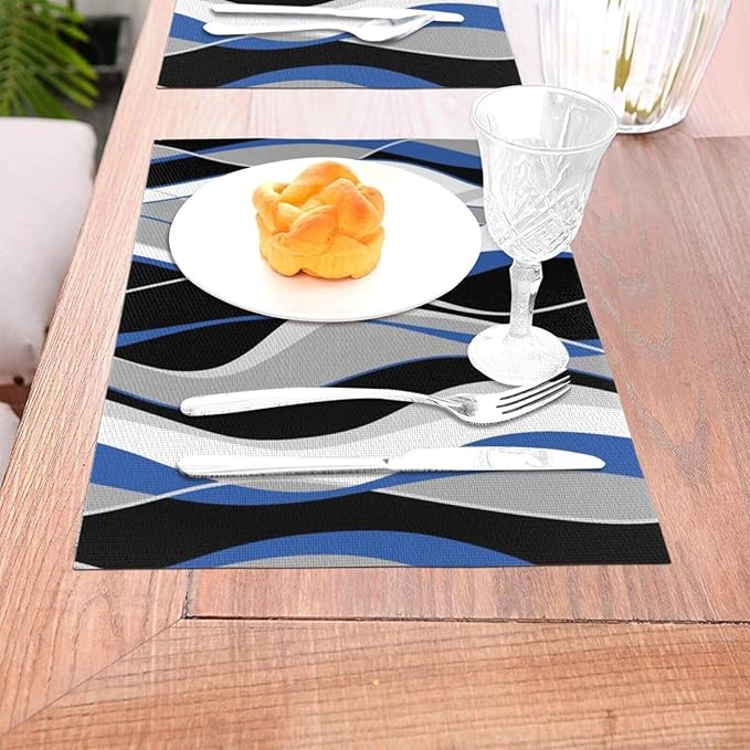 Placemats Set of 6 Black and Blue Place Mats White Grey Striped Modern Abstract Woven Table Mats Washable PVC Placemat for Dining Kitchen Decor Indoor Outdoor, 12 x 18 Inch