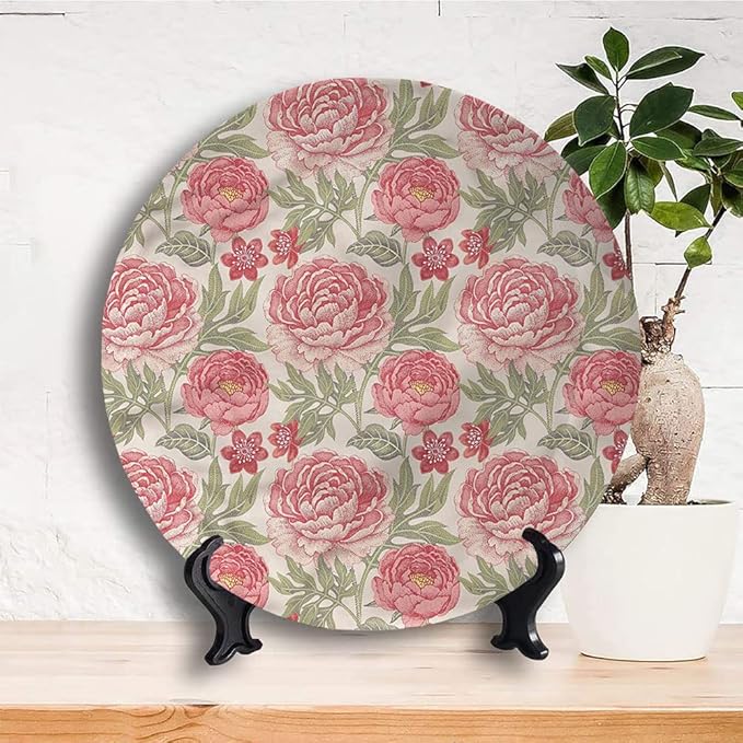 Decorative Plates, Victorian Print Ornament, Romantic Peonies Botany, 8 Inch, 1 Plate with 1 Display Stand, Multicolor