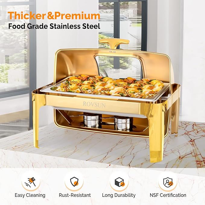 ROVSUN 9QT Chafing Dishes for Buffet 2 Pack, Roll Top Chafing Dish Buffet Set, Stainless Steel Buffet Warmer Chafers and Buffet Warmers Sets with Glass Window for Catering Parties Weddings, Gold