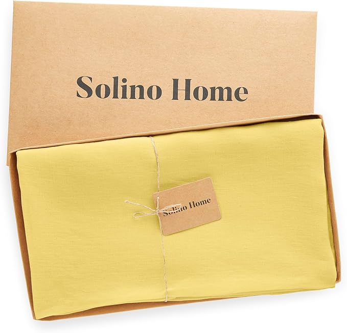 Solino Home Yellow Linen Tablecloth 70 x 126 Inch - 100% Pure Linen Rectangular Tablecloth - Machine Washable Table Cloth for Spring, Easter - Sonoma