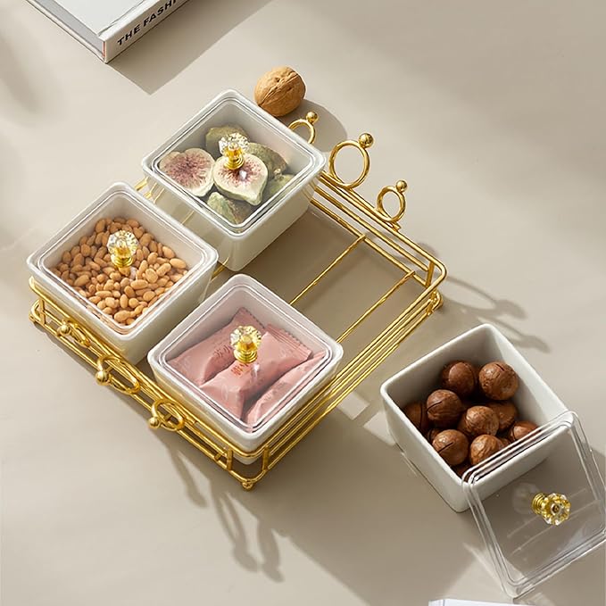 YA JU Ceramic Bowls and with Lid Gold Basket Trays, 6 Removable Small Bowls Condiment Trays Nut Serving Set for Snacks, Fruits, Candy and Condiments -Great for Parties, Holiday Gifts, White