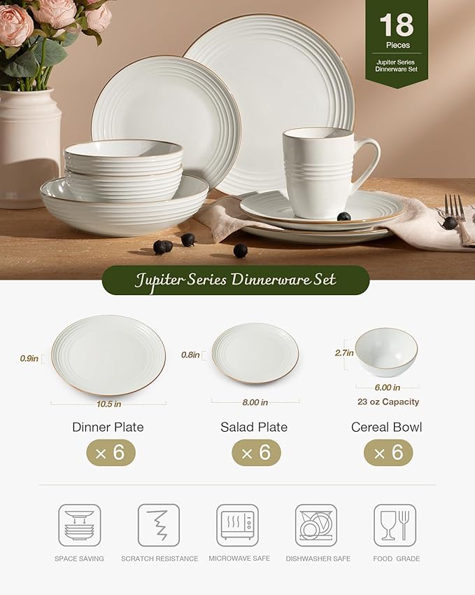 Famiware Jupiter Dinnerware Set, Plates and Bowls Dish Sets for 6 (18 Pieces), Microwave and Dishwasher Safe Stoneware Speckled Tableware, Chip and Scratch Resistant, White