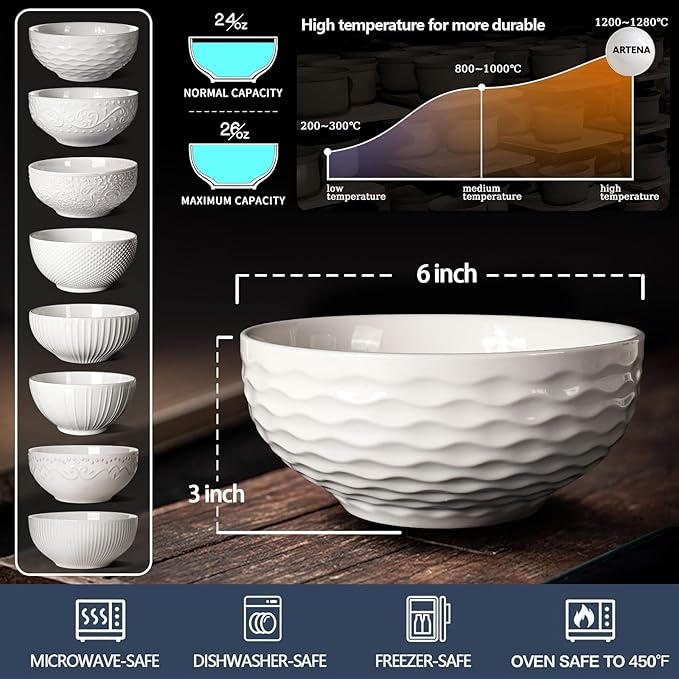 Artena Cereal Bowls 26 OZ, Ceramic Soup Bowls For Kitchen, Embossment Bowls For Rice Pasta Salad, White Bowls For Breakfast Lunch Dinner, 6 Inch, Set Of 6, Dishwasher & Microwave Safe, Seawave