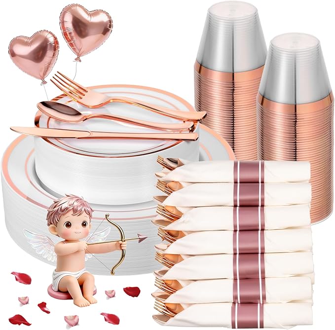 350 PCS White and Rose Gold Plastic Dinnerware Set for 50 Guests, 100 Plates for Party, 50 Pre Rolled Napkins with Gold Silverware, 50 Cups
