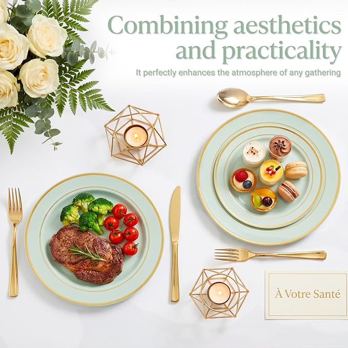 NOCCUR 200PCS Sage Green Plastic Plates for 100 Guests - Include 100PCS 10" Dinner/ 100PCS 7" Dessert Plastic Plates Heavy Duty - Ideal for Wedding&Party