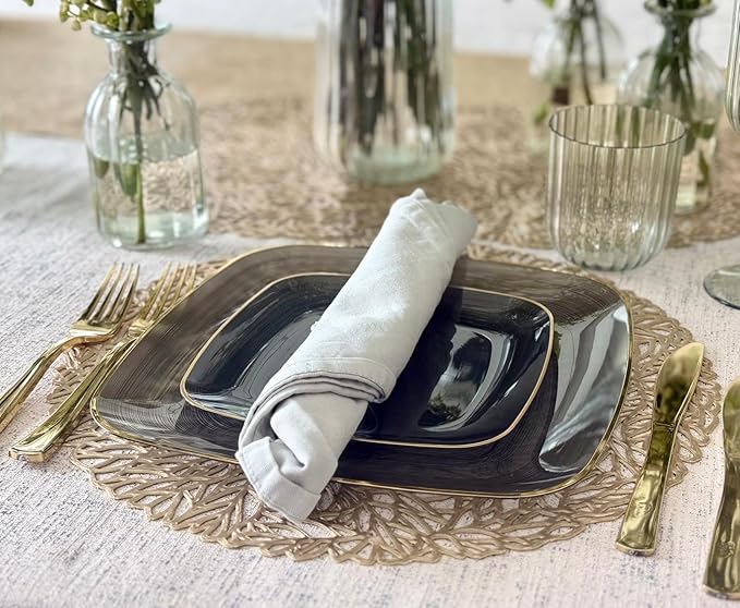 " OCCASIONS " 240 Pieces Pack,(120 Guests) Premium Wedding Party Disposable Plastic Plates Set -120 x 10'' Dinner + 120 x 7'' Salad/Dessert (Belize Square in Black & Gold)