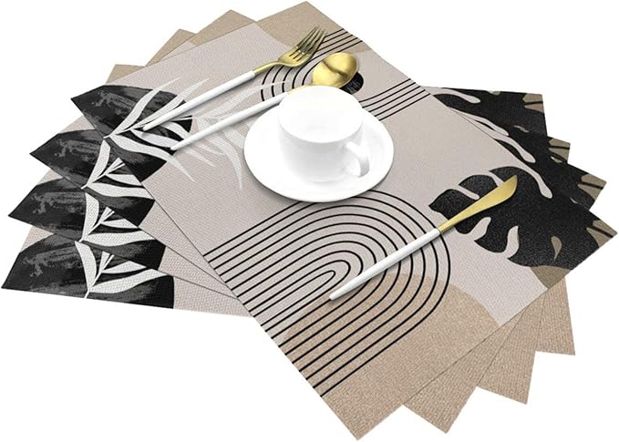 Mid Century Placemats 12x18 Inches Set of 4, Boho Black Beige Tropical Leaf Decorative Rectangle Modern Abstract Black Table Mats for Party Home Kitchen Dining Table Decoration