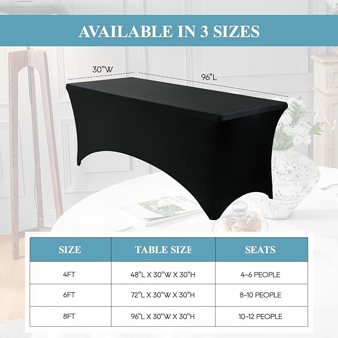 VidaFete Spandex Tablecloth 2 Pack 8FT, Fitted Stretch Table Cover for Rectangle Tables, Wrinkle Resistant and Washable Tablecloths for Outdoor, Picnic, Party, Wedding, Banquet, Birthday, Black