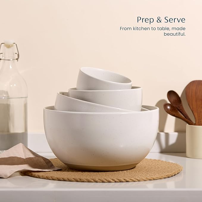 KooK Mixing Bowls, Ceramic Nesting Bowls, Stoneware Kitchen Bowls, For Prep, Serving, Dishwasher Safe, 18/40/90/140 oz, Set of 4, Moonstone